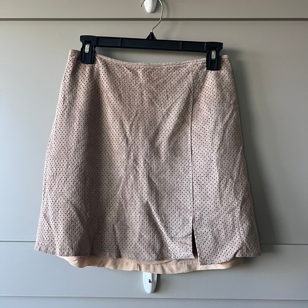 Cache Leather Suede Perforated A Line Mini Skirt Beige Size 8 Slit Vintage‎